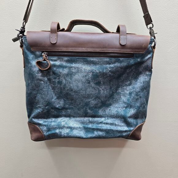 Jesslyn Blake Anthropologie Canvas & Leather Crossbody Messenger Bag Brown Blue - Picture 5 of 15